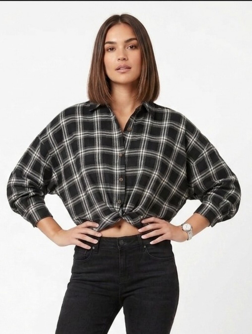 SHEIN Black White Plaid Oversized Flannel Inverted Knot Button-Down Shirt Large